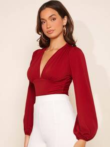 SHEIN Privé 深V領燈籠袖T恤 - 酒紅色 - 查看 3