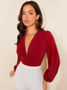 SHEIN Privé 深V領燈籠袖T恤 - 酒紅色 - 查看 5