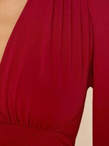 SHEIN Privé 深V領燈籠袖T恤 - 酒紅色 - 查看 6