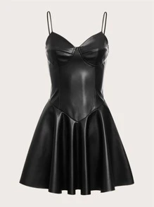 SHEIN ICON 大碼PU皮革吊帶洋裝 - 黑色 - 查看 1