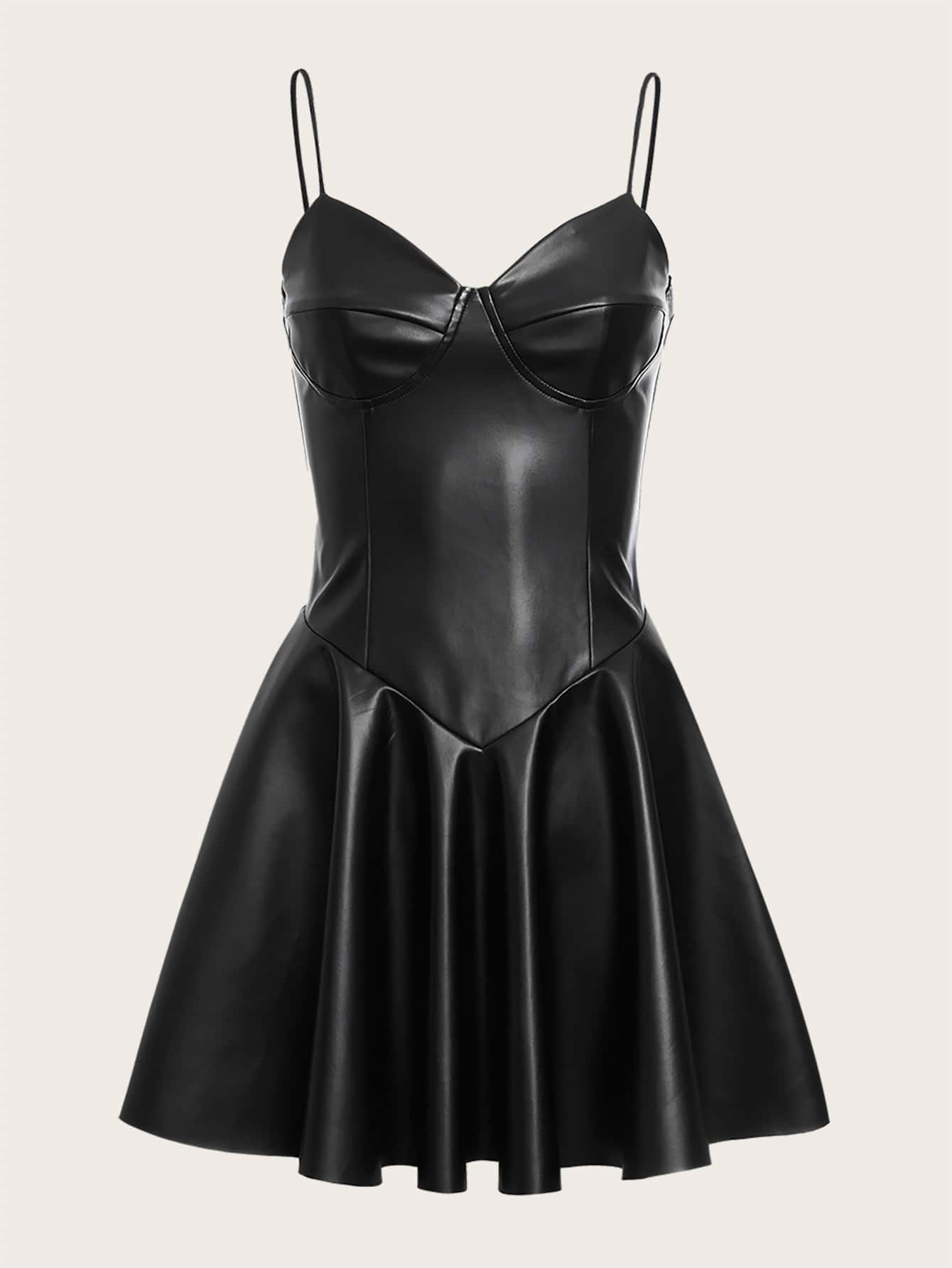 SHEIN ICON 大碼PU皮革吊帶洋裝 - 黑色 - 查看 1