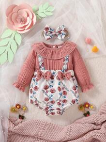 Baby Floral Print Ruffle Trim Bow Front 2 In 1 Bodysuit & Headband - Multicolor - View 1