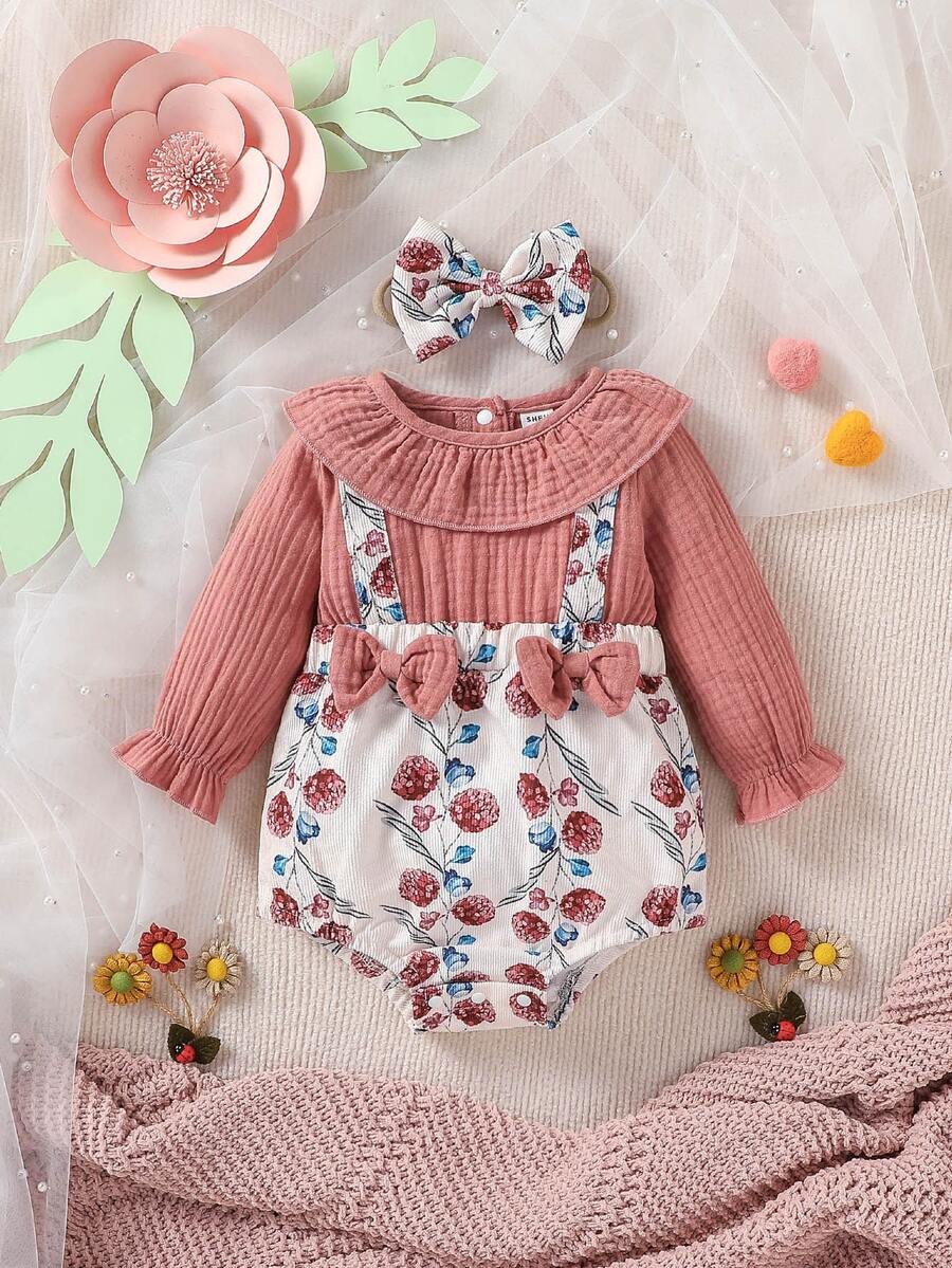 Baby Floral Print Ruffle Trim Bow Front 2 In 1 Bodysuit & Headband - Multicolor - View 1