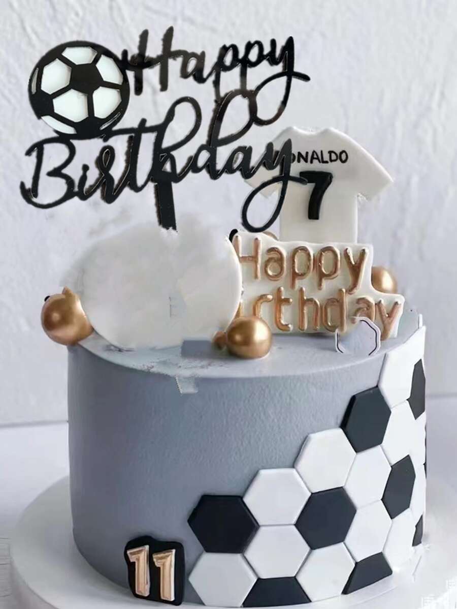 1/3/6pcs Happy Birthday Football Sports Themed Cake Toppers - Black - View 1