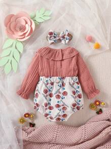 Baby Floral Print Ruffle Trim Bow Front 2 In 1 Bodysuit & Headband - Multicolor - View 2