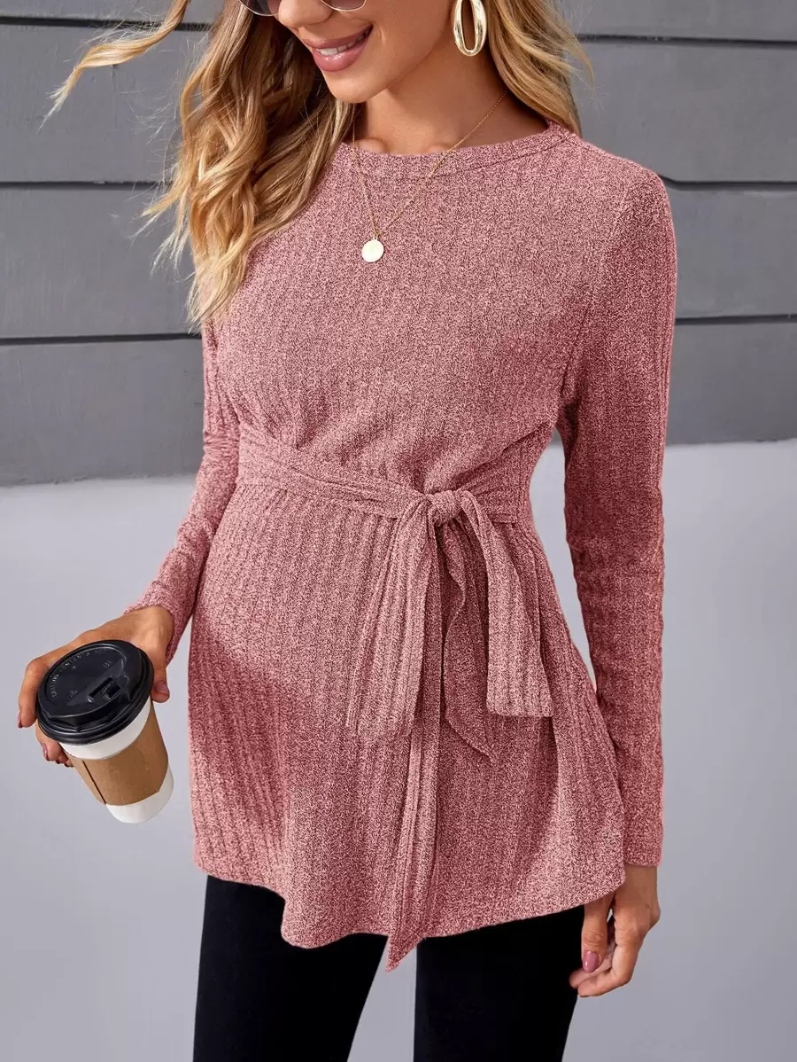 SHEIN Maternity Ribbed Knit Knot Front Tee - Dusty Pink - View 1