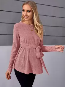 SHEIN Maternity Ribbed Knit Knot Front Tee - Dusty Pink - View 4