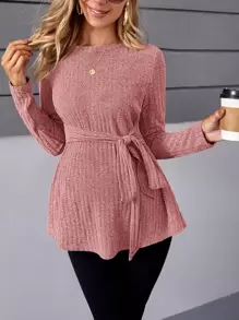 SHEIN Maternity Ribbed Knit Knot Front Tee - Dusty Pink - View 5