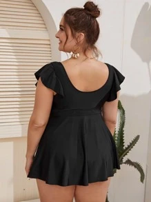 SHEIN Swim Curve Tankini de playa de verano con manga de volante y nudo delantero para tallas grandes - Negro - Ver 2