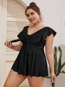 SHEIN Swim Curve Tankini de playa de verano con manga de volante y nudo delantero para tallas grandes - Negro - Ver 3