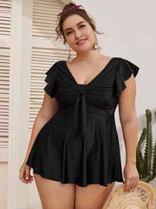 SHEIN Swim Curve Tankini de playa de verano con manga de volante y nudo delantero para tallas grandes - Negro - Ver 4