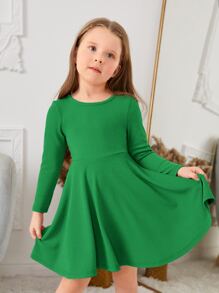 SHEIN Toddler Girls Solid Round Neck Dress - Green - View 1
