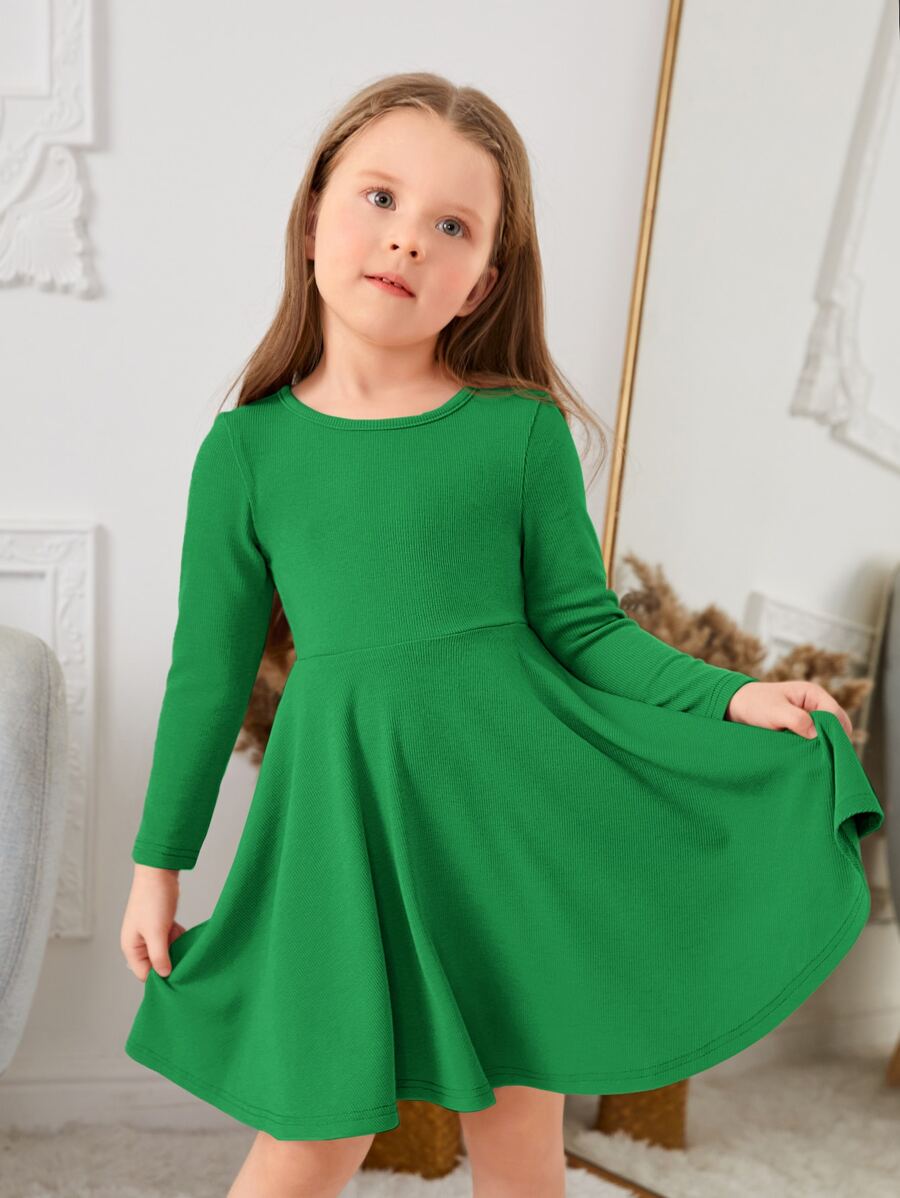 SHEIN Toddler Girls Solid Round Neck Dress - Green - View 1