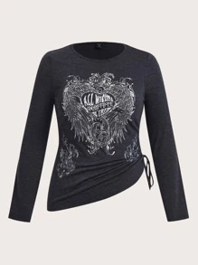 ROMWE PUNK Plus Letter & Wings Print Drawstring Side Tee - Dark Grey - View 1