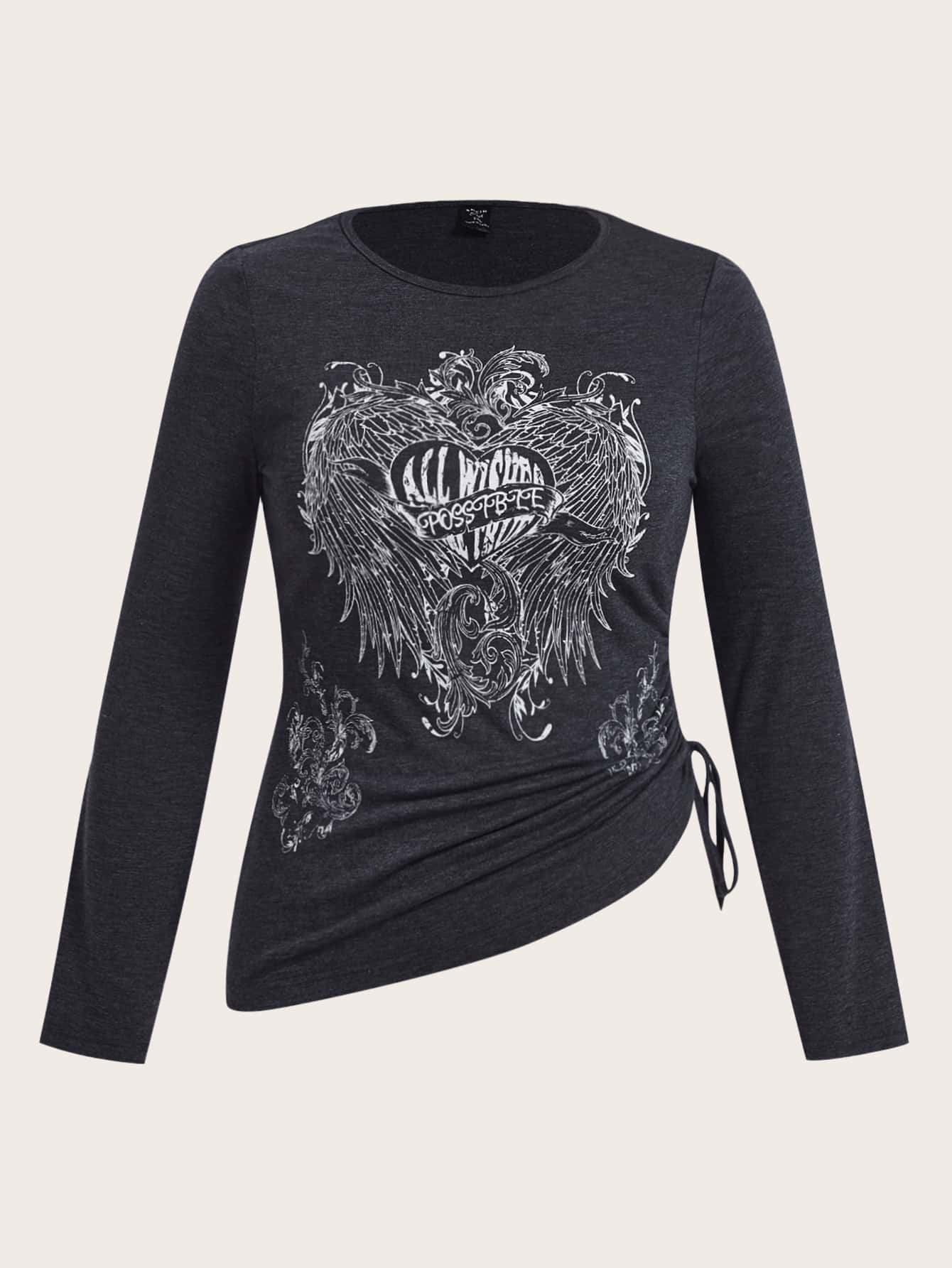 ROMWE PUNK Plus Letter & Wings Print Drawstring Side Tee - Dark Grey - View 1