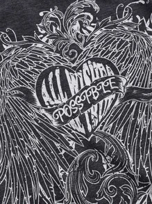 ROMWE PUNK Plus Letter & Wings Print Drawstring Side Tee - Dark Grey - View 3