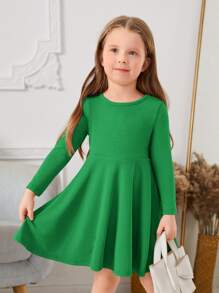SHEIN Toddler Girls Solid Round Neck Dress - Green - View 3