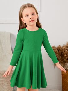 SHEIN Toddler Girls Solid Round Neck Dress - Green - View 4