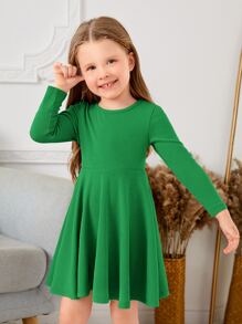 SHEIN Toddler Girls Solid Round Neck Dress - Green - View 5