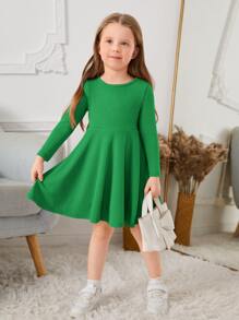 SHEIN Toddler Girls Solid Round Neck Dress - Green - View 6