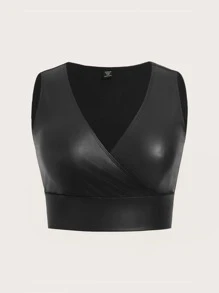SHEIN Privé 大碼交疊領PU皮革背心上衣 - 黑色 - 查看 1