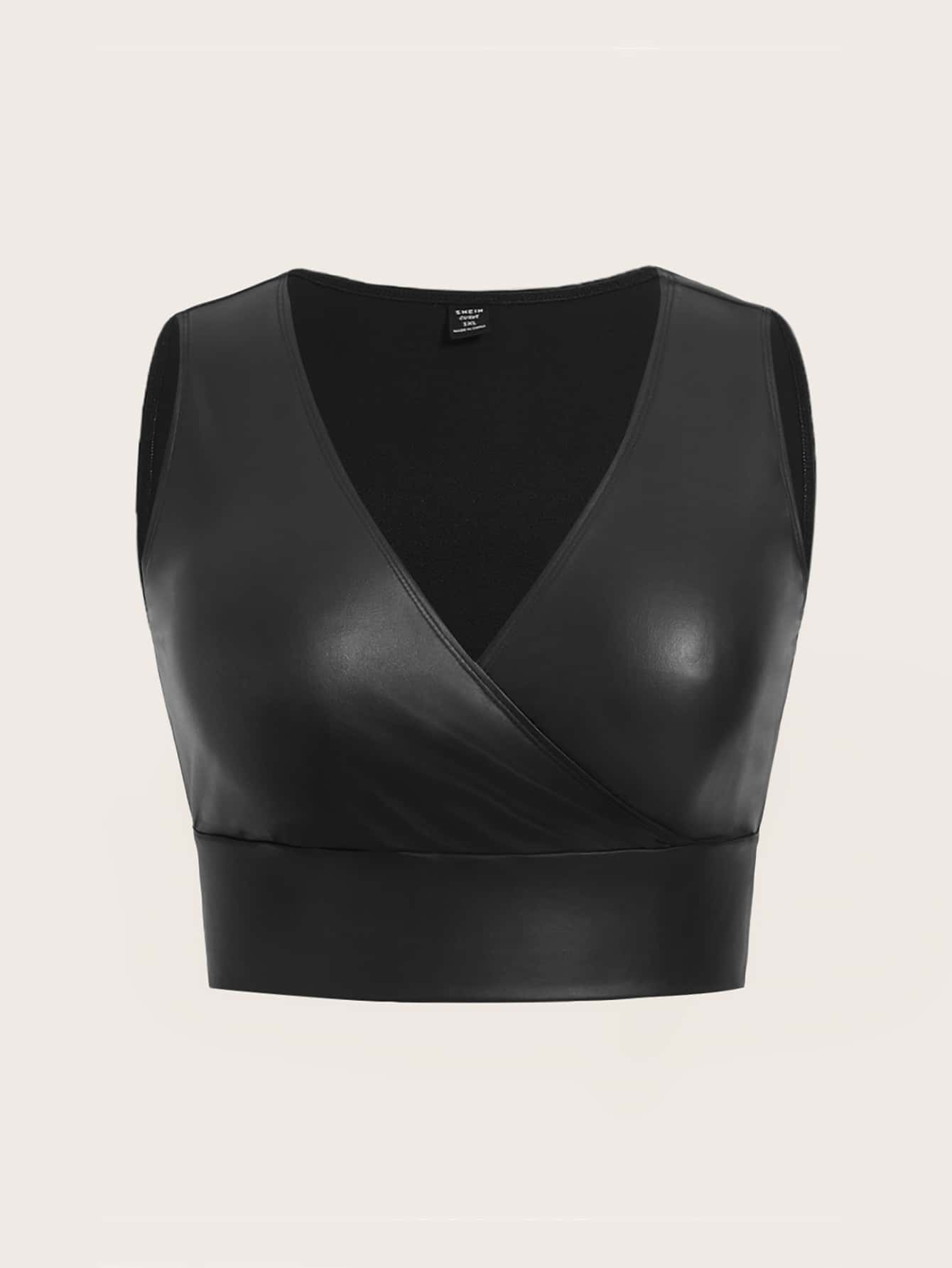 SHEIN Privé 大碼交疊領PU皮革背心上衣 - 黑色 - 查看 1