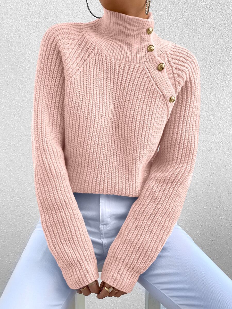 SHEIN Essnce High Neck Button Detail Raglan Sleeve Jumper - Baby Pink - View 1