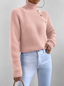 SHEIN Essnce High Neck Button Detail Raglan Sleeve Jumper - Baby Pink - View 3