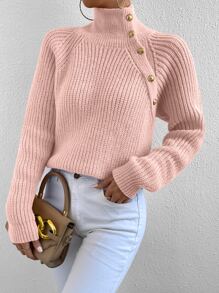 SHEIN Essnce High Neck Button Detail Raglan Sleeve Jumper - Baby Pink - View 4