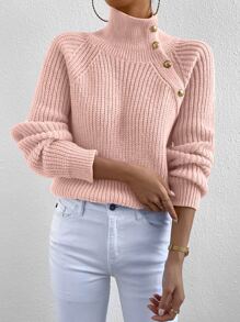 SHEIN Essnce High Neck Button Detail Raglan Sleeve Jumper - Baby Pink - View 6