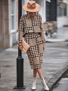 SHEIN Clasi 千鳥格印花落肩袖運動衫和開衩短裙 - 卡其色 - 查看 1