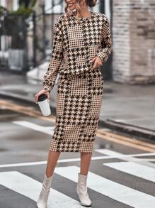 SHEIN Clasi 千鳥格印花落肩袖運動衫和開衩短裙 - 卡其色 - 查看 5