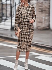 SHEIN Clasi 千鳥格印花落肩袖運動衫和開衩短裙 - 卡其色 - 查看 6