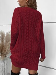 SHEIN LUNE Cable Knit Drop Shoulder Jumper Dress Without Belt - Burgundy - View 2