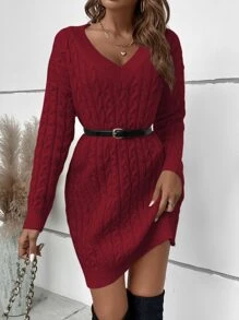 SHEIN LUNE Cable Knit Drop Shoulder Jumper Dress Without Belt - Burgundy - View 3
