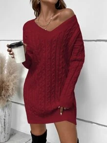 SHEIN LUNE Cable Knit Drop Shoulder Jumper Dress Without Belt - Burgundy - View 4