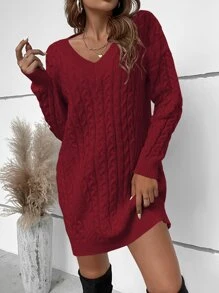 SHEIN LUNE Cable Knit Drop Shoulder Jumper Dress Without Belt - Burgundy - View 5