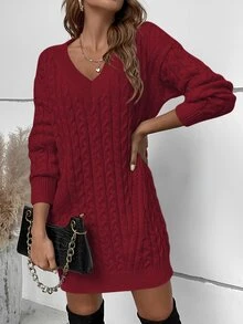 SHEIN LUNE Cable Knit Drop Shoulder Jumper Dress Without Belt - Burgundy - View 6