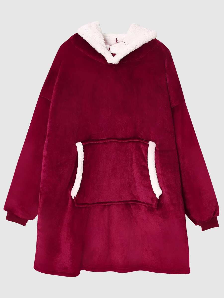 女孩袋鼠口袋落肩袖毛絨內襯連帽法蘭絨休閒服上裝