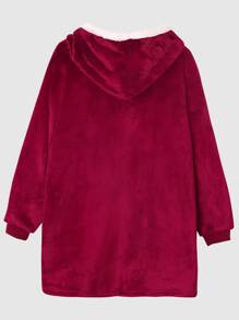 女孩袋鼠口袋落肩袖毛絨內襯連帽法蘭絨休閒服上裝