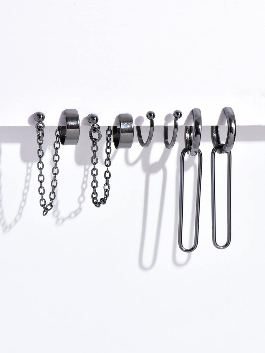 6pcs Chain & Geometric Decor Earrings Copper Jewelry - Gun Black - View 1