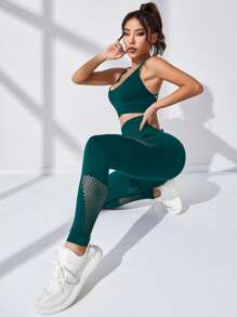 Easithlete Strappy Back Scrunch Butt Hollow Out Sports Set Workout Set - Dark Green - View 2