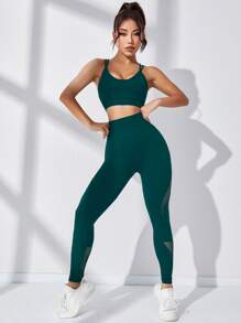 Easithlete Strappy Back Scrunch Butt Hollow Out Sports Set Workout Set - Dark Green - View 3