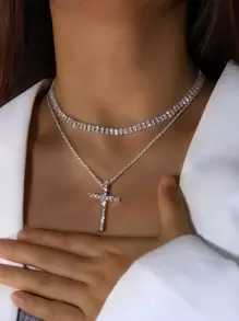 2pcs Rhinestone Cross Charm Necklace Copper Jewelry