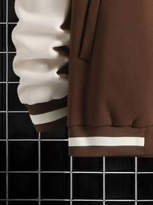 Manfinity Hypemode Loose-Fit Men's Letter Printed Striped Trim Drop Shoulder Varsity Jacket Without Hoodie - Coffee Brown - View 3