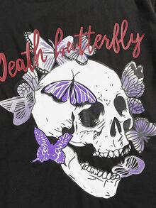 ROMWE MEN 男士蝴蝶和骷髏印花T恤 - 黑色 - 查看 4