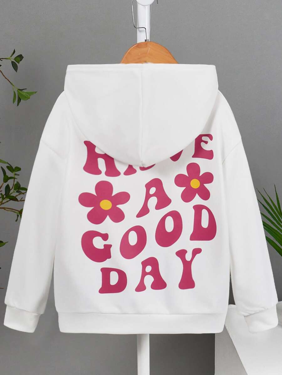 SHEIN Tween Girl Floral & Slogan Graphic Drop Shoulder Sweatshirt - White - View 1