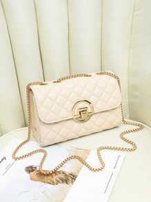 Argyle Quilted Metal Lock Flap Chain Square Bag - Apricot - View 1