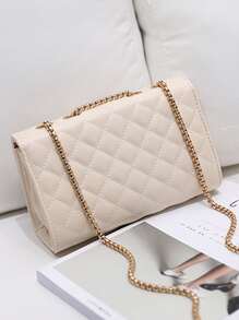 Argyle Quilted Metal Lock Flap Chain Square Bag - Apricot - View 2