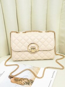 Argyle Quilted Metal Lock Flap Chain Square Bag - Apricot - View 4